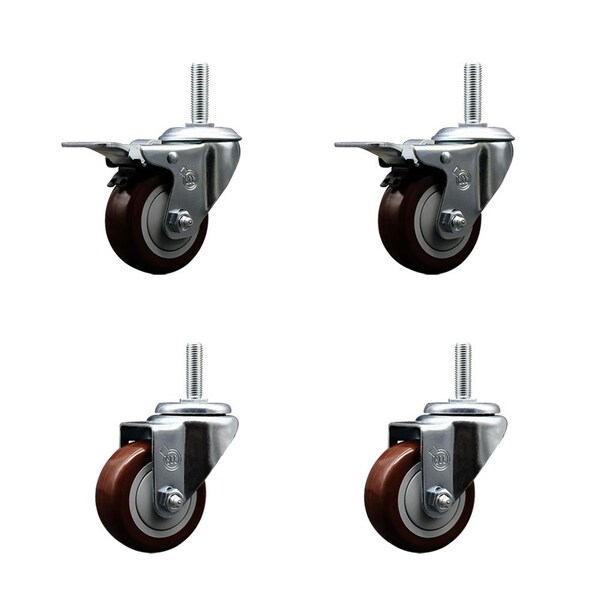 Service Caster 3 Inch Maroon Polyurethane Swivel 34 Inch Threaded Stem Caster Set 2 Total Lock Brakes SCC-TSTTL20S314-PPUB-MRN-34212-2-S-2 - main